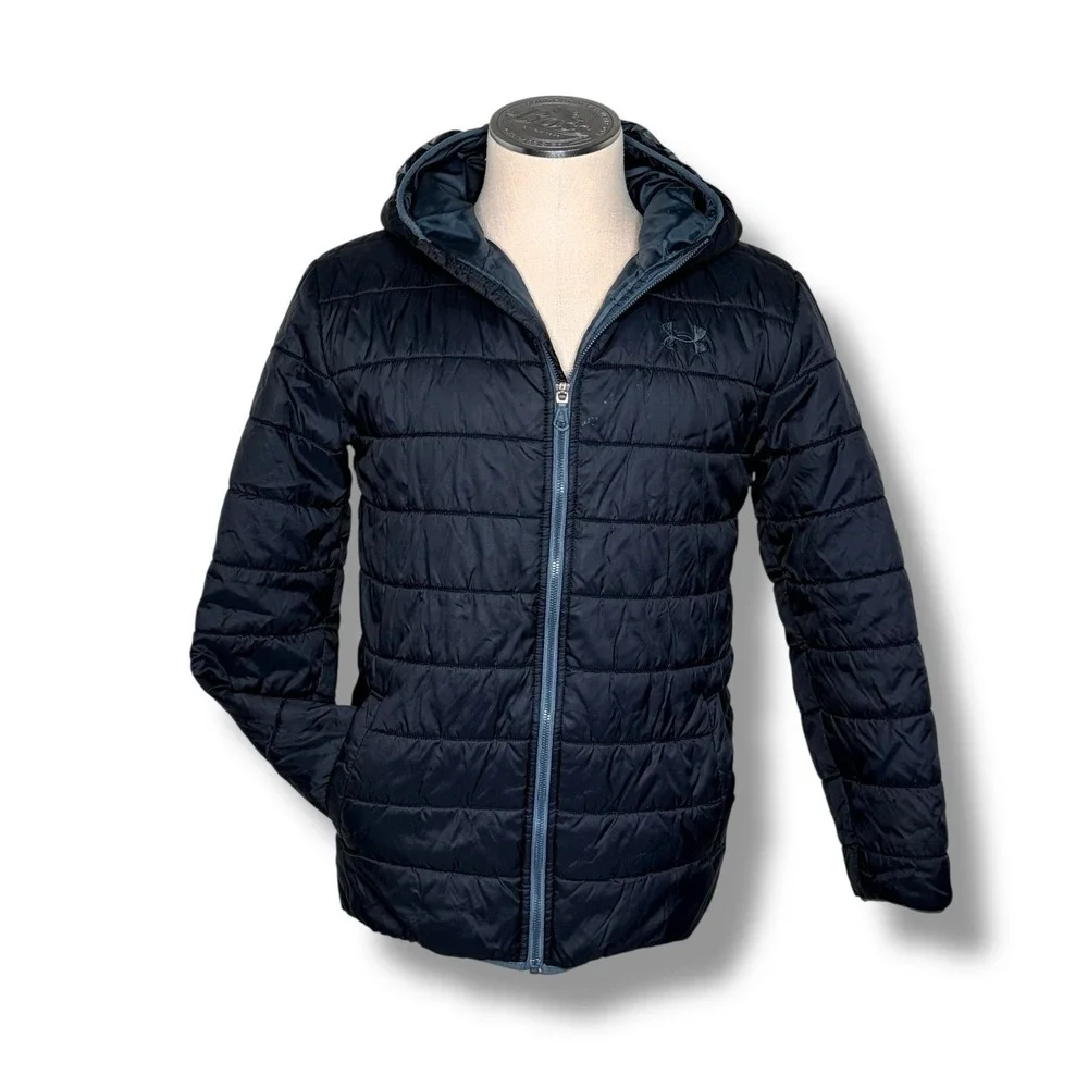 Under Armour Boy's Jacket Black Coldgear Puffer Hooded Full Zipper‎ YXL Loose